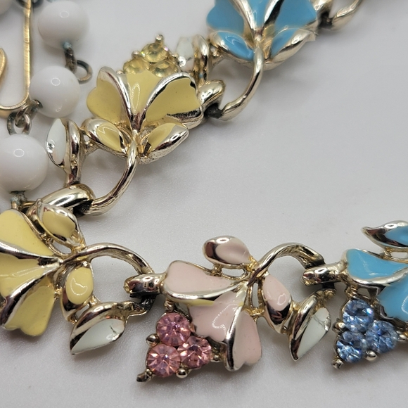 VTG Coro Necklace | Pink, Yellow, Blue | Enamel Flowers & Rhinestones | SIGNED